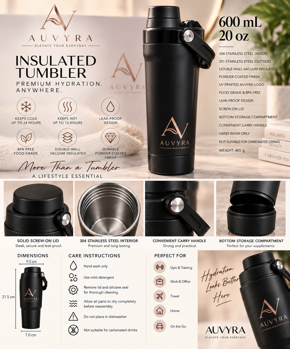 AUVYRA Insulated Tumbler specifications, care instructions and bottom storage compartment