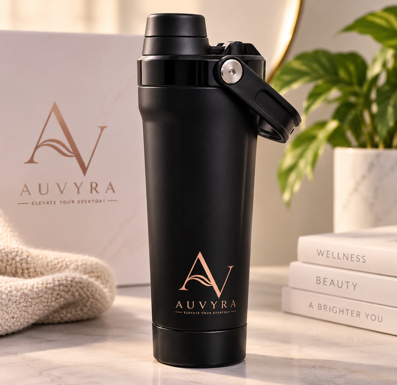 AUVYRA Insulated Tumbler in matte black with rose-gold AUVYRA branding